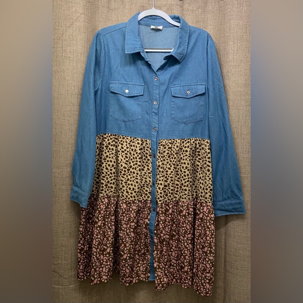 ODDY Blue Denim Long Sleeve Dress with Leopard and Floral Panels